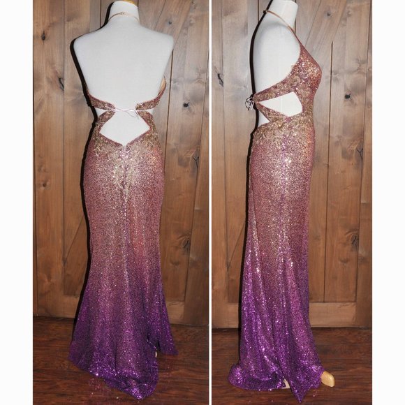 Golden ASP Mini Sequin Covered Gold to Rose Tones Sexy Open Back Evening Gown - Picture 4 of 9